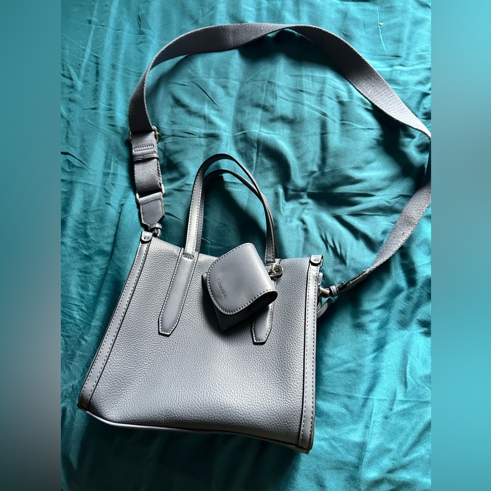 Calvin Klein Light Blue/Gray Leather Tote with Removable Strap